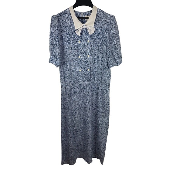 VTG 80s Joy Gordon Midi Blue White Semi Sheer Short Sleeve Nautical Dress 12 - Picture 1 of 12